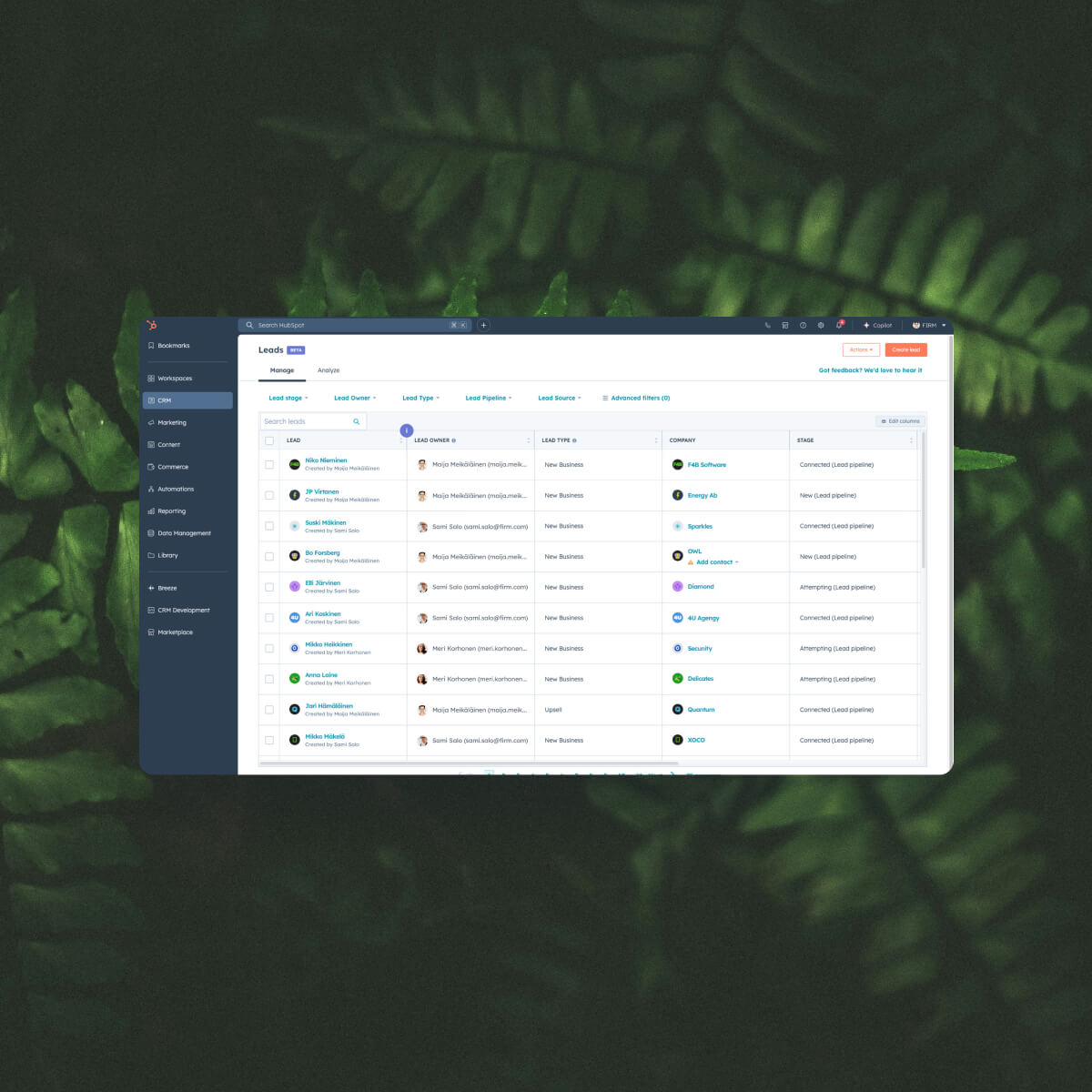 Desktop view of HubSpot Sales Hub Leads list