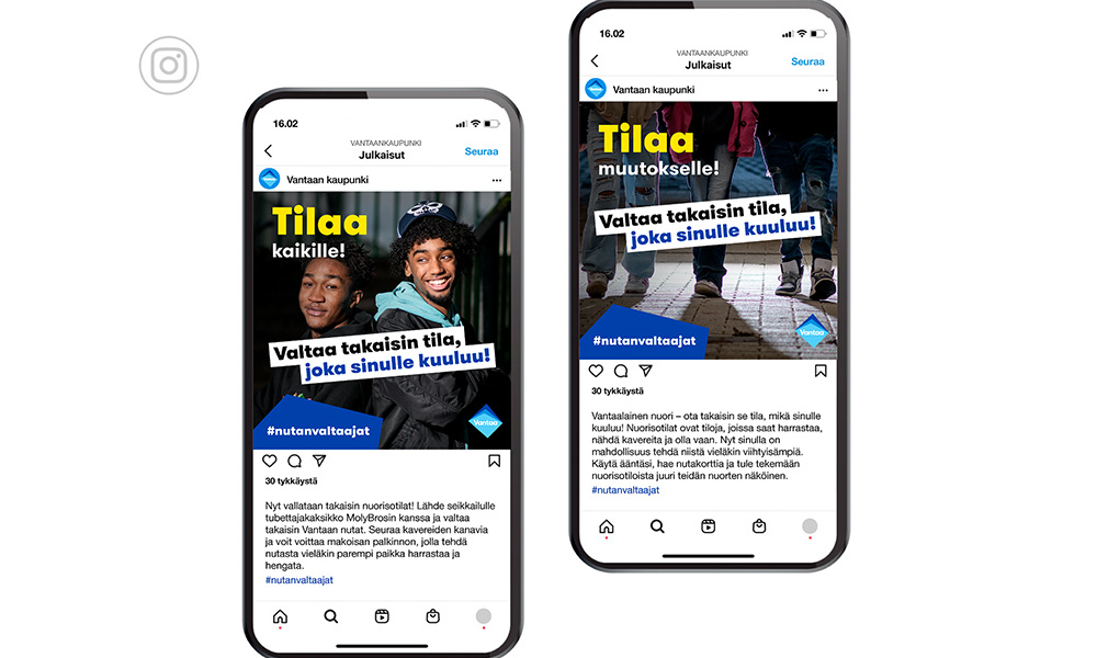 Two smartphone screens that feature views of Instagram posts.