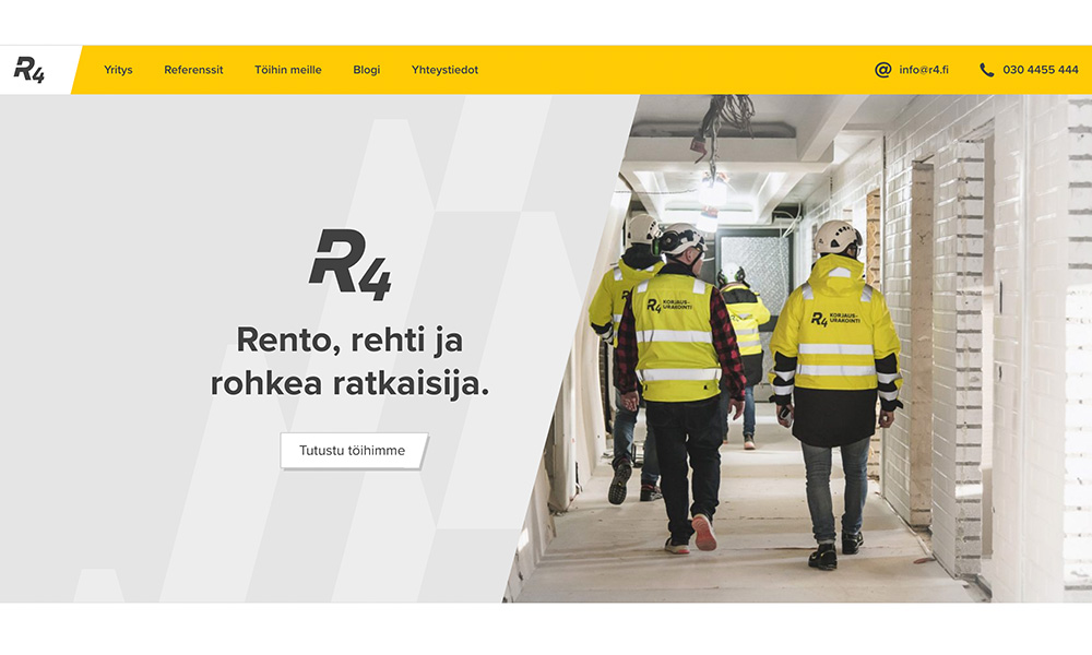 Ruutukaappaus R4-yrityksen etusivulta, joka on kuvitettu työntekijöillä, joilla on kypärät ja työtakit. 