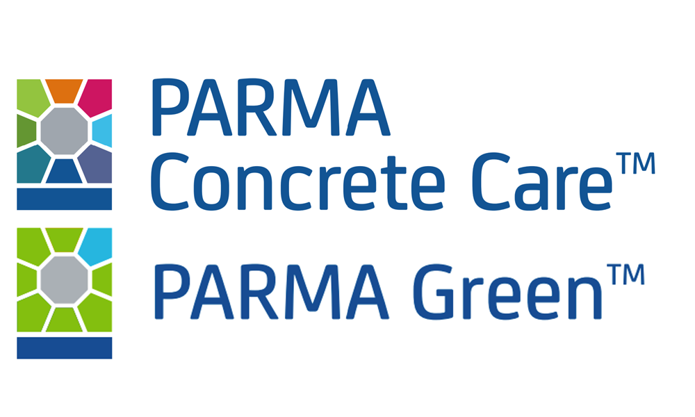 Kaksi logoa, joista PARMA Concrete Care koostuu useasta väristä ja PARMA Green, joka koostuu vihreästä ja sinisestä.